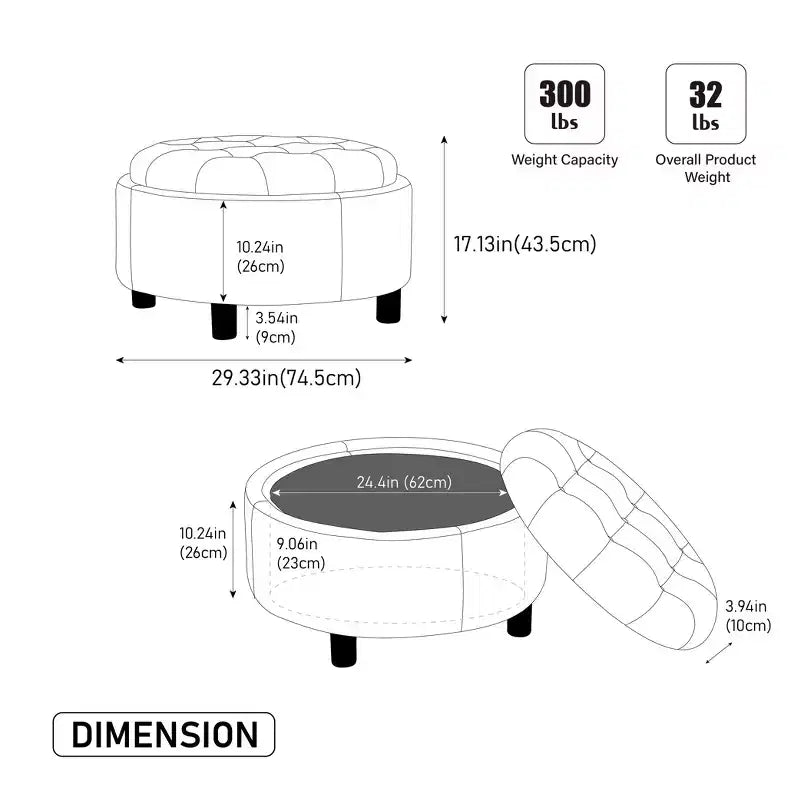 GDFStudio Fabian Modern Wooden Fleece Upholstered Round Ottoman With Reversible Lid and Hand-Pulled Buckle
