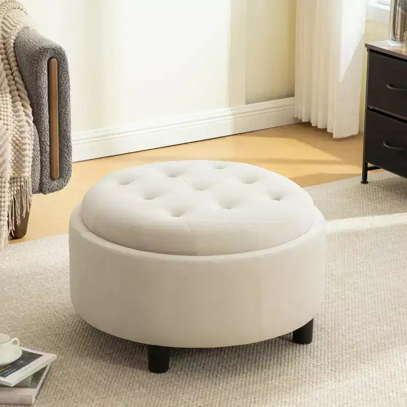 GDFStudio Fabian Modern Wooden Fleece Upholstered Round Ottoman With Reversible Lid and Hand-Pulled Buckle