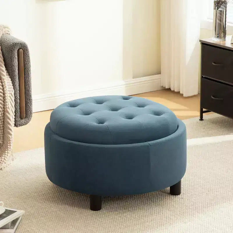 GDFStudio Fabian Modern Wooden Fleece Upholstered Round Ottoman With Reversible Lid and Hand-Pulled Buckle