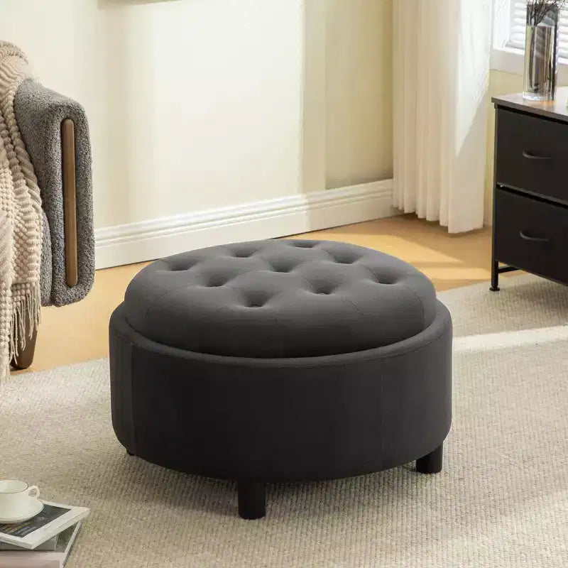 GDFStudio Fabian Modern Wooden Fleece Upholstered Round Ottoman With Reversible Lid and Hand-Pulled Buckle