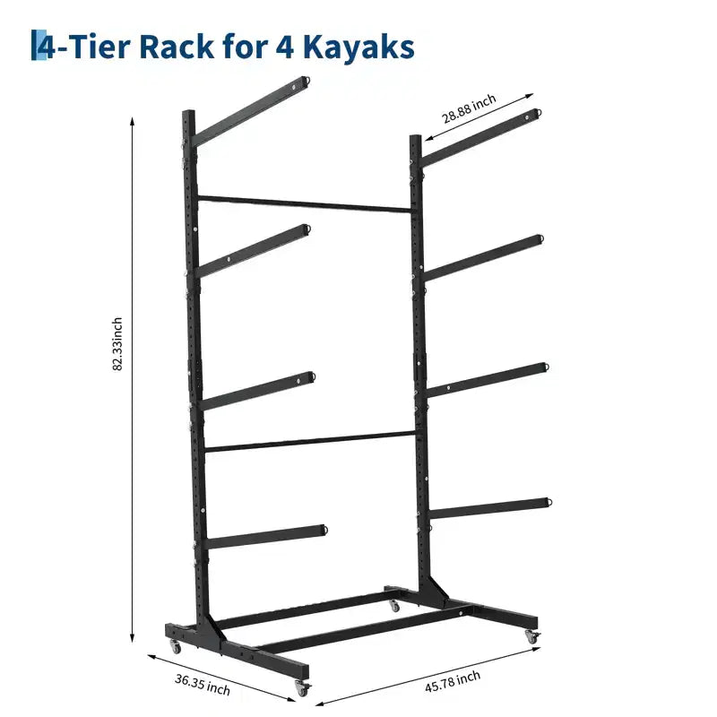 Estante resistente y autónomo para kayak con ruedas, soporte de almacenamiento ajustable para garaje y exteriores, apto para canoas, SUP y tablas de surf