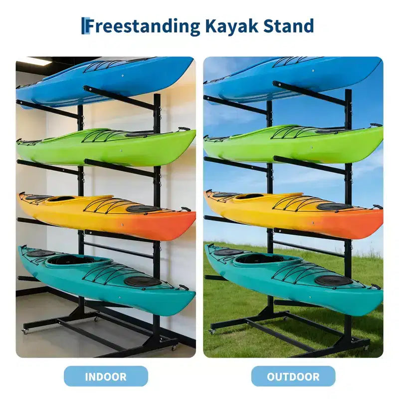 Estante resistente y autónomo para kayak con ruedas, soporte de almacenamiento ajustable para garaje y exteriores, apto para canoas, SUP y tablas de surf