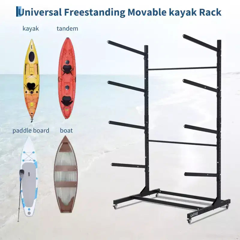 Estante resistente y autónomo para kayak con ruedas, soporte de almacenamiento ajustable para garaje y exteriores, apto para canoas, SUP y tablas de surf