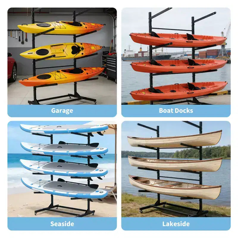 Estante resistente y autónomo para kayak con ruedas, soporte de almacenamiento ajustable para garaje y exteriores, apto para canoas, SUP y tablas de surf