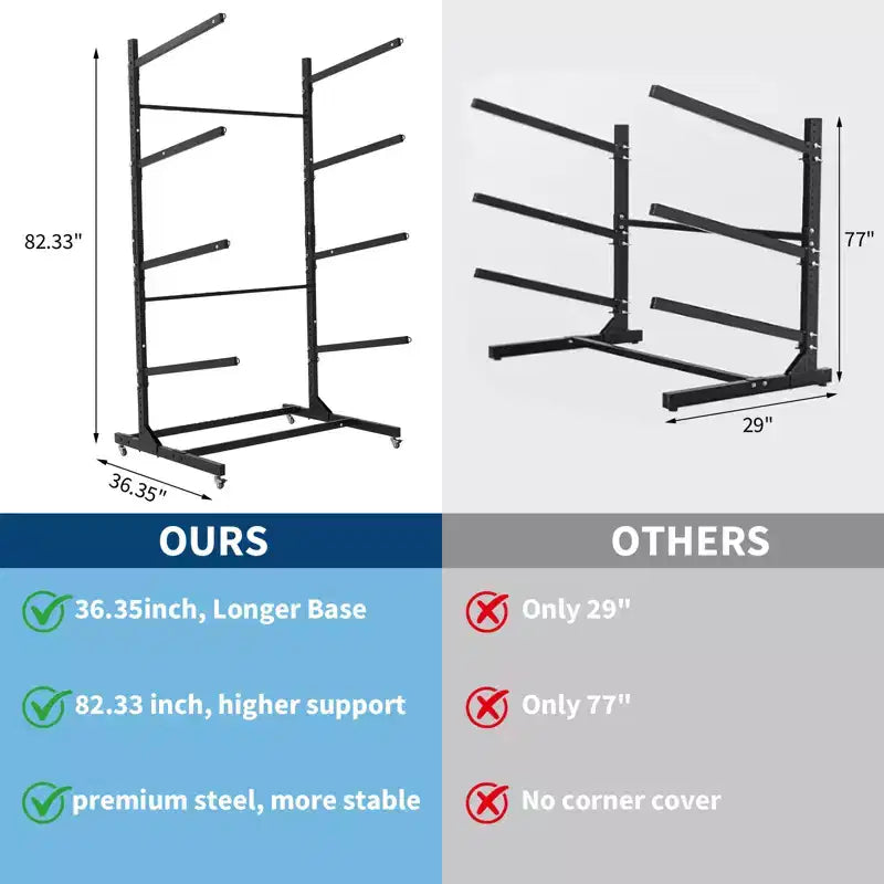 Estante resistente y autónomo para kayak con ruedas, soporte de almacenamiento ajustable para garaje y exteriores, apto para canoas, SUP y tablas de surf