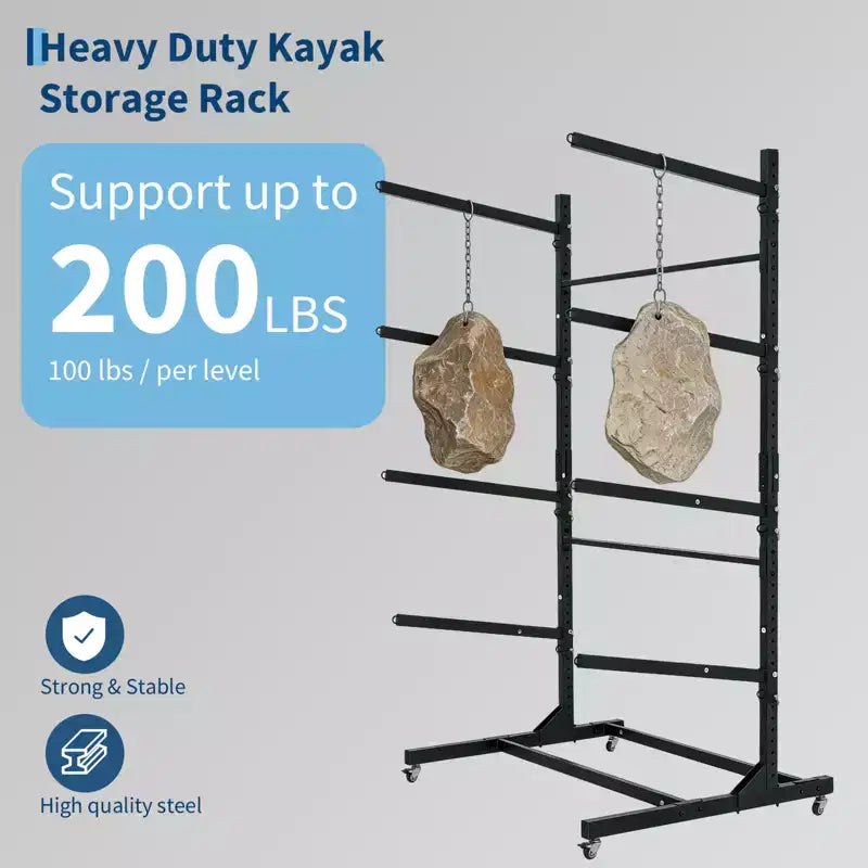 Estante resistente y autónomo para kayak con ruedas, soporte de almacenamiento ajustable para garaje y exteriores, apto para canoas, SUP y tablas de surf