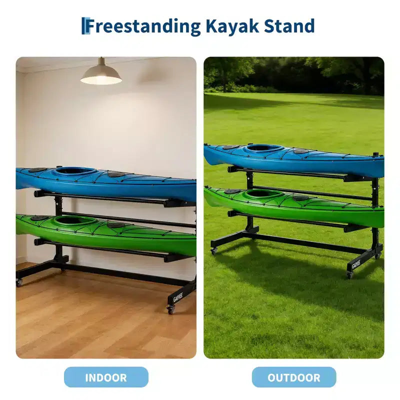 Estante resistente y autónomo para kayak con ruedas, soporte de almacenamiento ajustable para garaje y exteriores, apto para canoas, SUP y tablas de surf