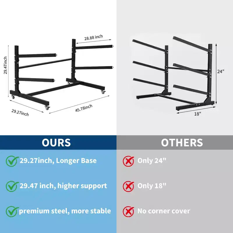 Estante resistente y autónomo para kayak con ruedas, soporte de almacenamiento ajustable para garaje y exteriores, apto para canoas, SUP y tablas de surf