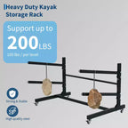 Estante resistente y autónomo para kayak con ruedas, soporte de almacenamiento ajustable para garaje y exteriores, apto para canoas, SUP y tablas de surf