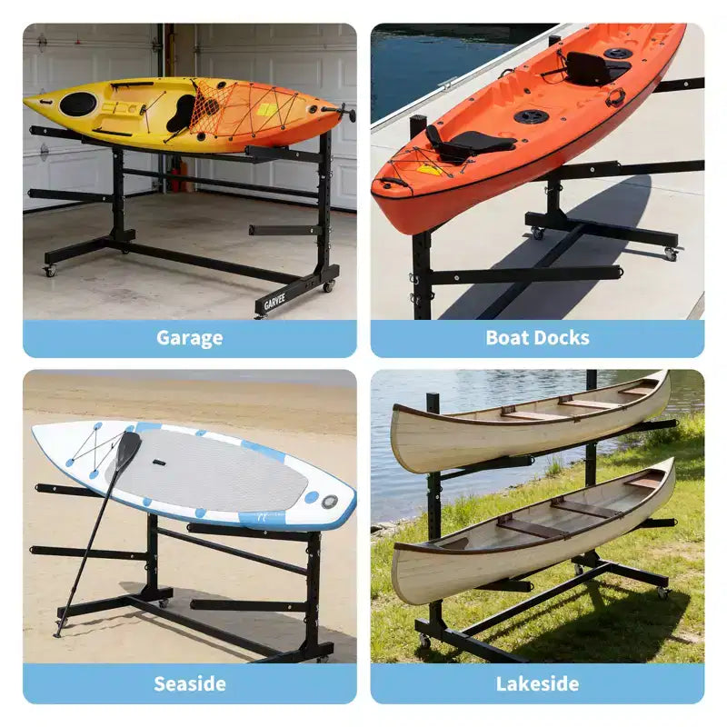 Estante resistente y autónomo para kayak con ruedas, soporte de almacenamiento ajustable para garaje y exteriores, apto para canoas, SUP y tablas de surf