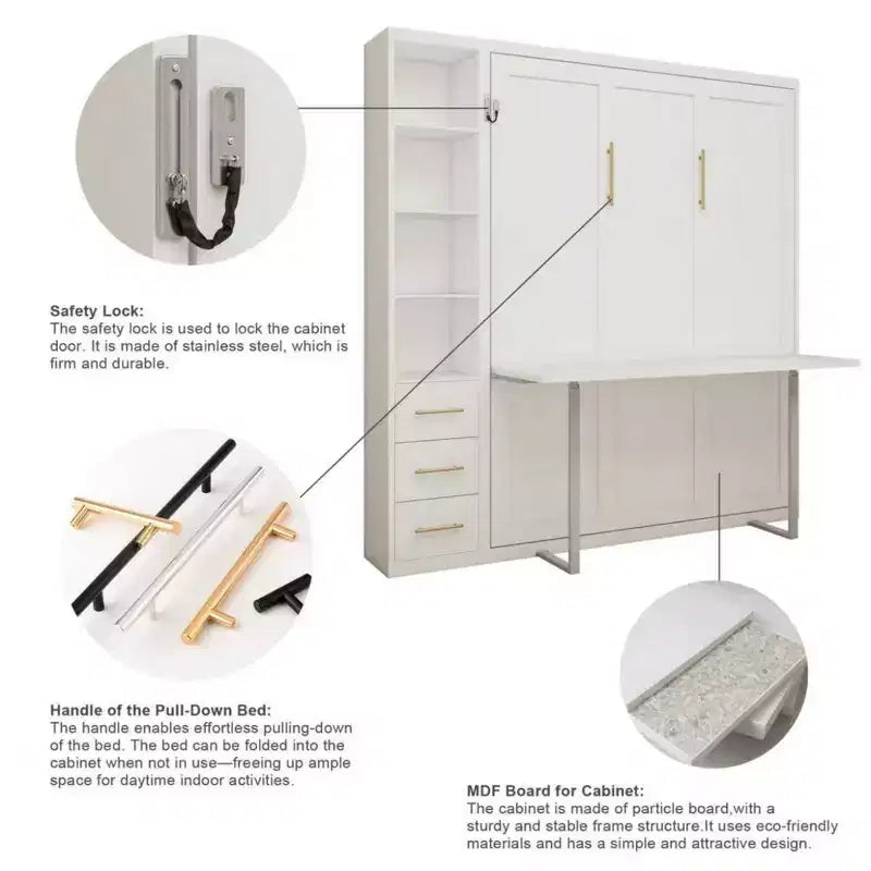 GDFStudio Wallis Modern Wood Murphy Bed with Desk and Side Storage Cabinets