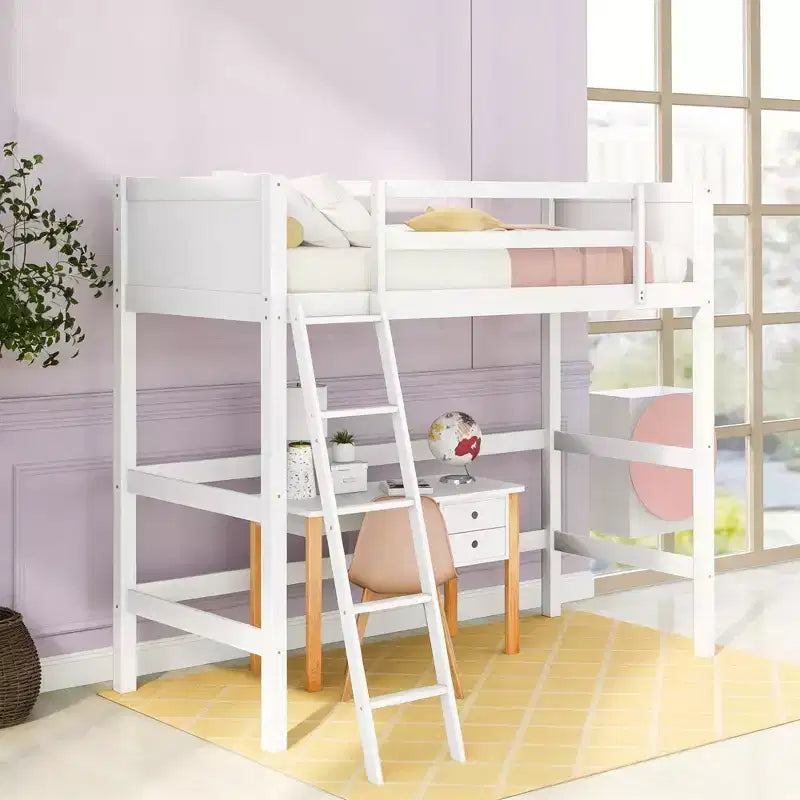 Luxystar Cama Alta Moderna de Madera Doble con Escalera y Barandillas, Blanca