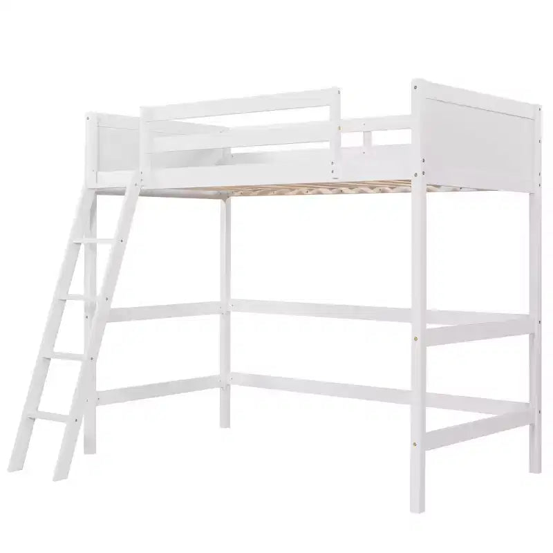 Luxystar Cama Alta Moderna de Madera Doble con Escalera y Barandillas, Blanca