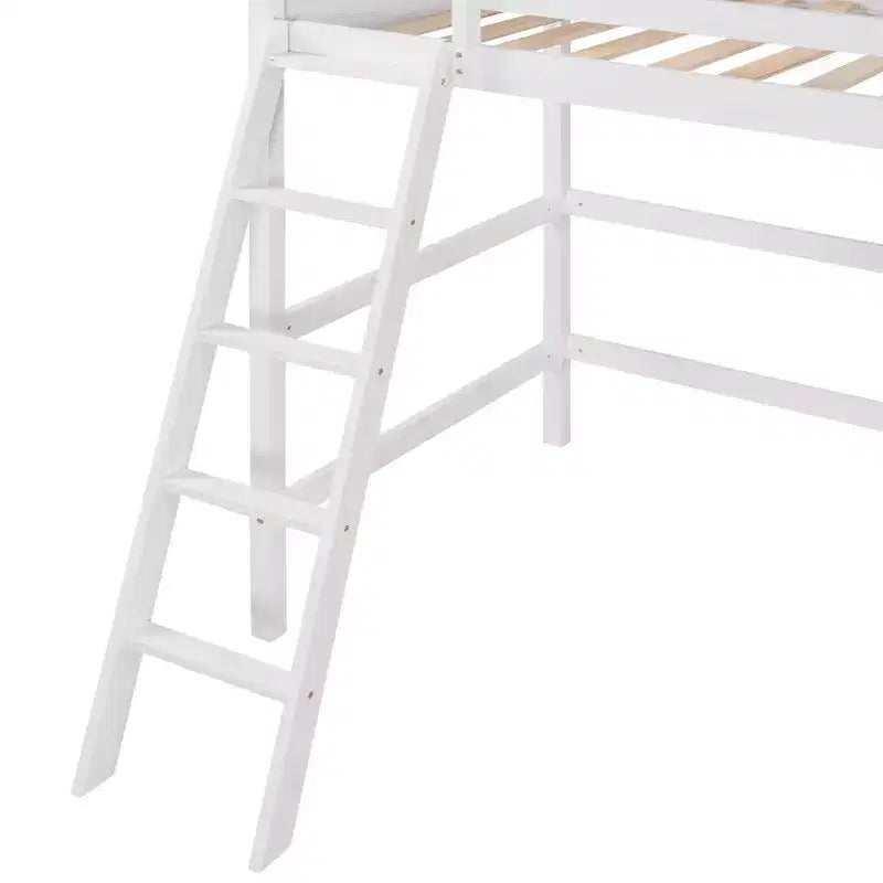 Luxystar Cama Alta Moderna de Madera Doble con Escalera y Barandillas, Blanca