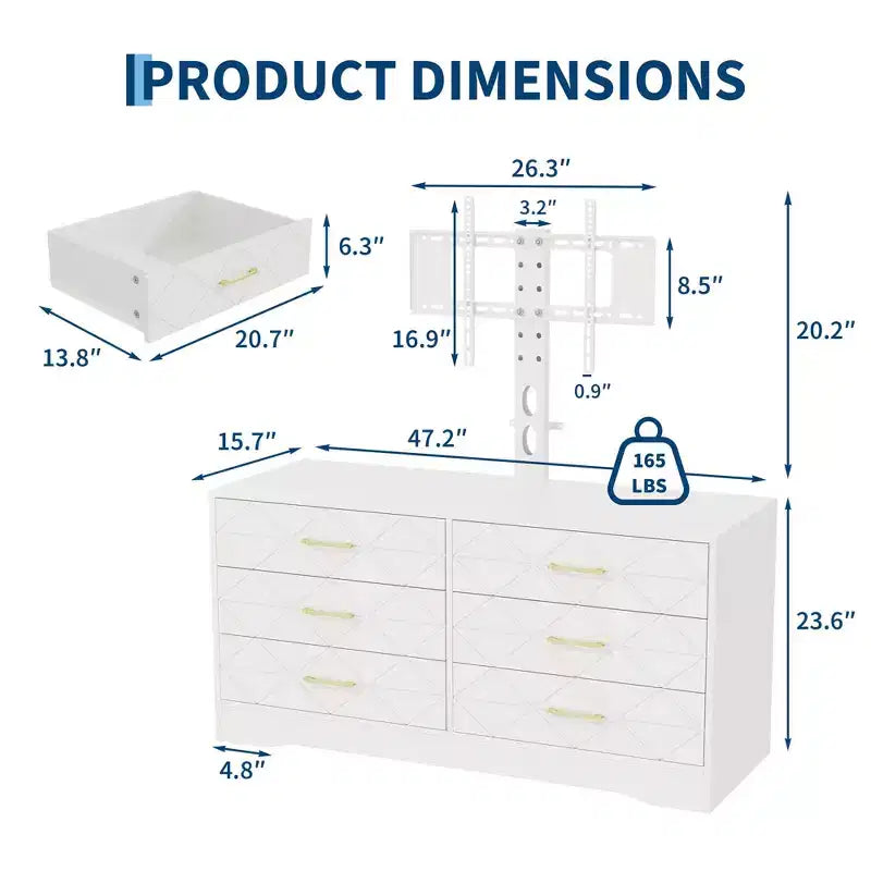 Mueble para TV con Soporte Ajustable y 6 Cajones, Centro de Entretenimiento para TVs de 32-80 pulgadas, Consola Multimedia para Dormitorio o Sala de Estar