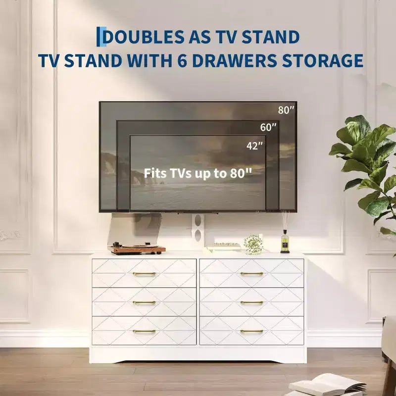 Mueble para TV con Soporte Ajustable y 6 Cajones, Centro de Entretenimiento para TVs de 32-80 pulgadas, Consola Multimedia para Dormitorio o Sala de Estar