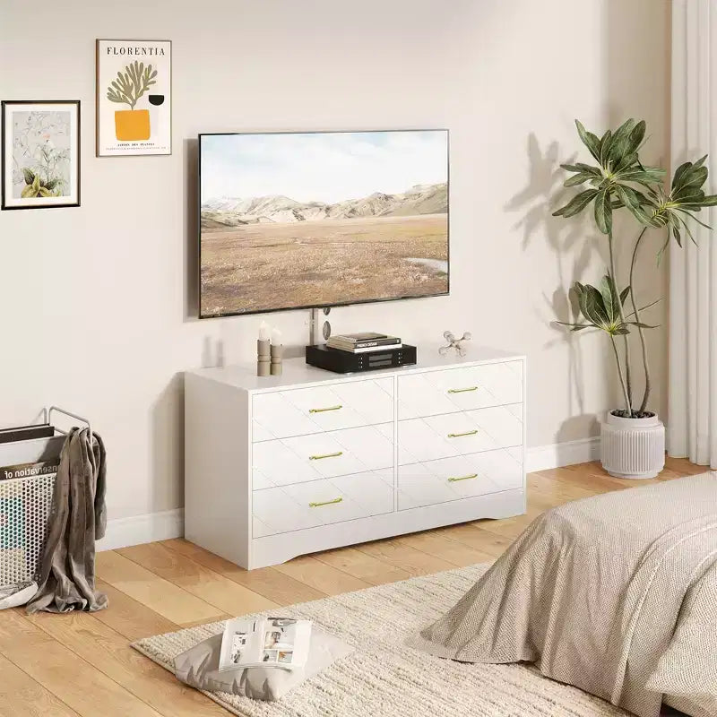 Mueble para TV con Soporte Ajustable y 6 Cajones, Centro de Entretenimiento para TVs de 32-80 pulgadas, Consola Multimedia para Dormitorio o Sala de Estar