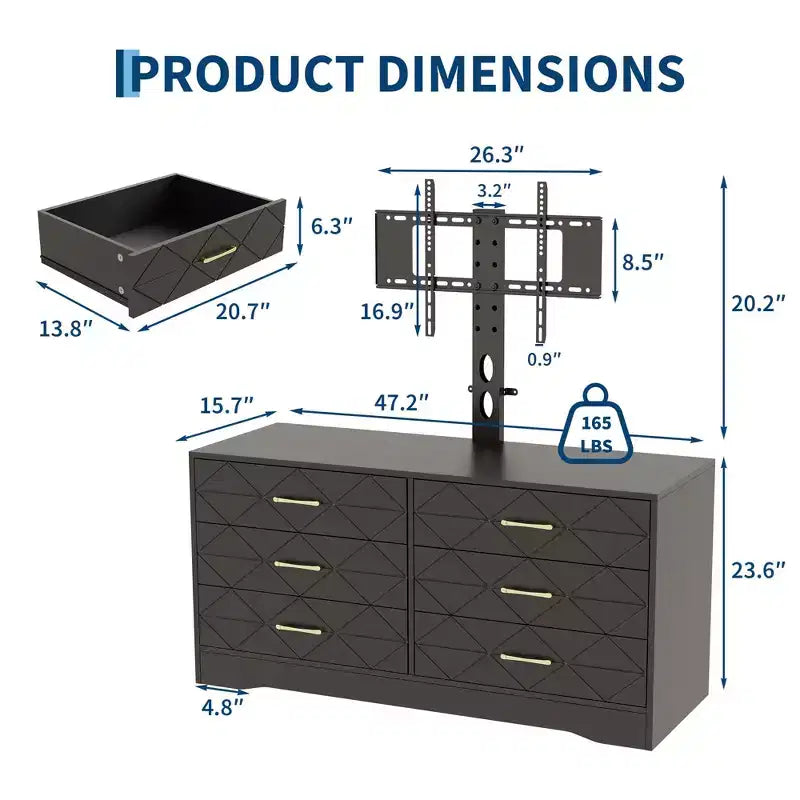 Mueble para TV con Soporte Ajustable y 6 Cajones, Centro de Entretenimiento para TVs de 32-80 pulgadas, Consola Multimedia para Dormitorio o Sala de Estar