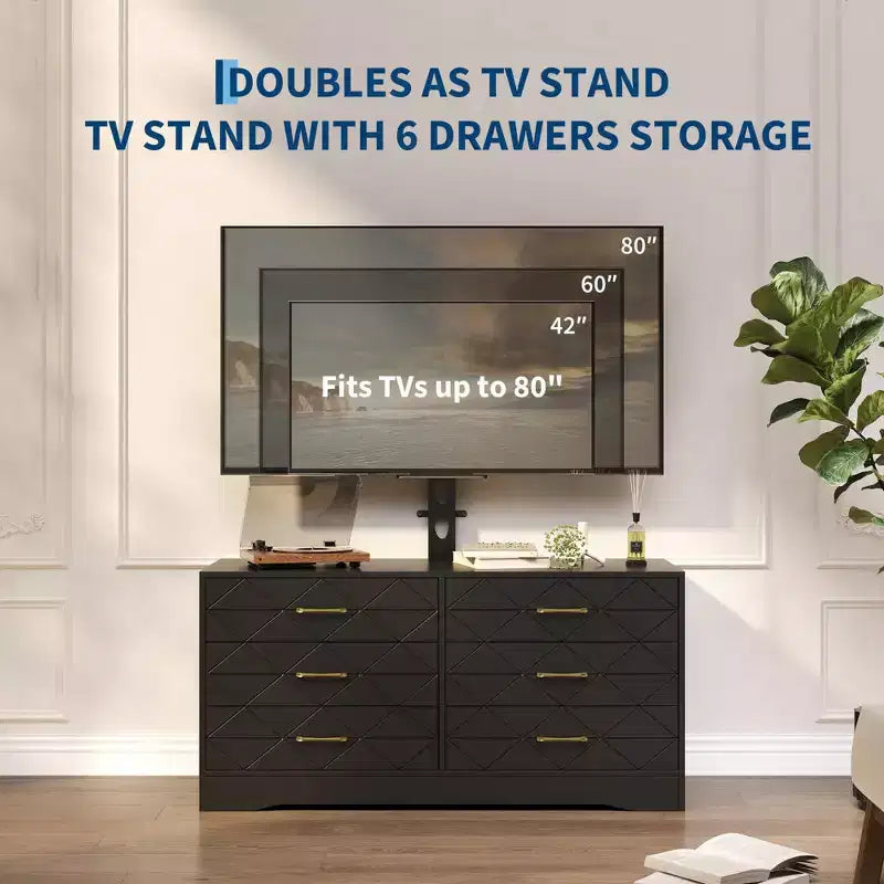Mueble para TV con Soporte Ajustable y 6 Cajones, Centro de Entretenimiento para TVs de 32-80 pulgadas, Consola Multimedia para Dormitorio o Sala de Estar
