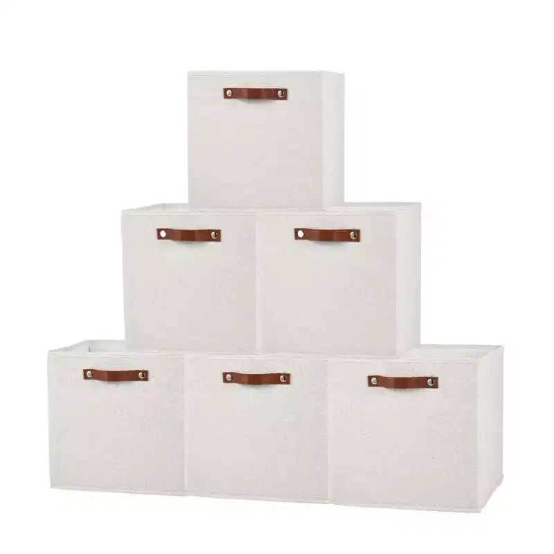 6 Pack Linen Storage Bins,11Foldable Cube Baskets with Leather Handles,Collapsible Fabric Shelf Organizer Boxes for Closet, Shelves