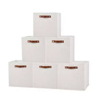 6 Pack Linen Storage Bins,11Foldable Cube Baskets with Leather Handles,Collapsible Fabric Shelf Organizer Boxes for Closet, Shelves