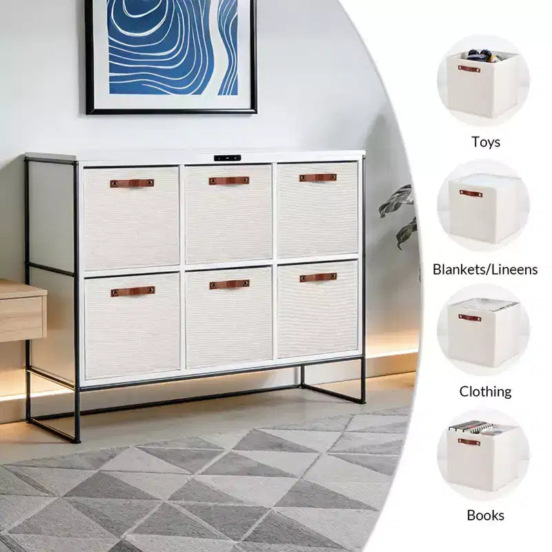 6 Pack Linen Storage Bins,11Foldable Cube Baskets with Leather Handles,Collapsible Fabric Shelf Organizer Boxes for Closet, Shelves