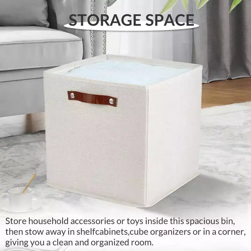 6 Pack Linen Storage Bins,11Foldable Cube Baskets with Leather Handles,Collapsible Fabric Shelf Organizer Boxes for Closet, Shelves