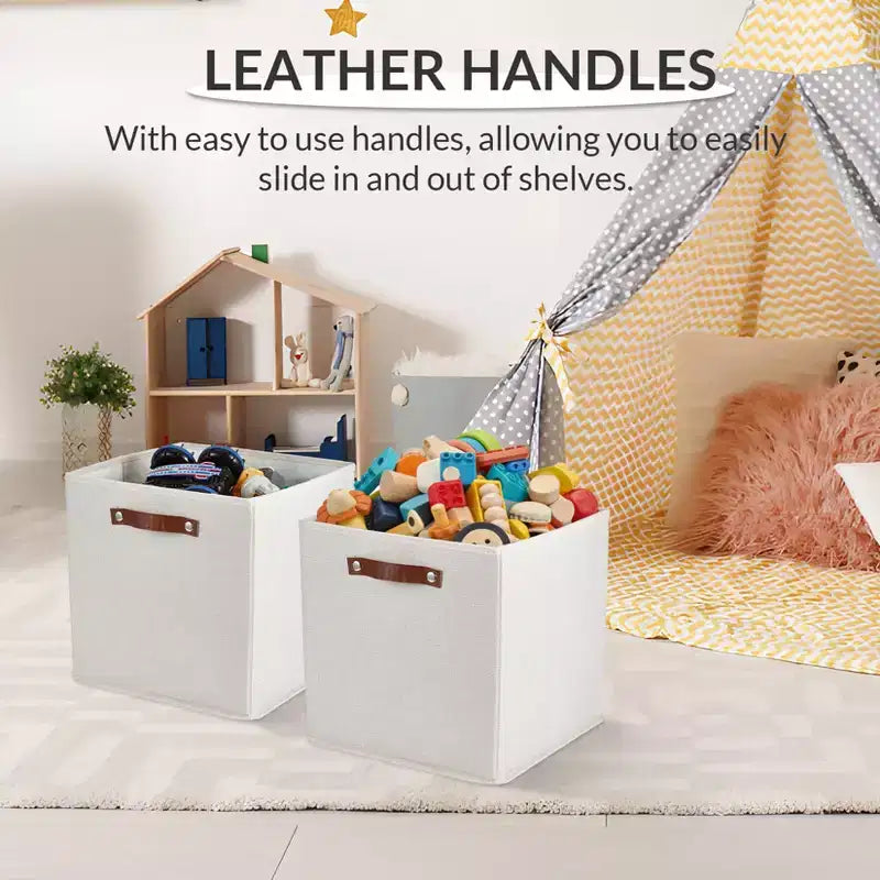 6 Pack Linen Storage Bins,11Foldable Cube Baskets with Leather Handles,Collapsible Fabric Shelf Organizer Boxes for Closet, Shelves