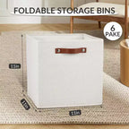 6 Pack Linen Storage Bins,11Foldable Cube Baskets with Leather Handles,Collapsible Fabric Shelf Organizer Boxes for Closet, Shelves