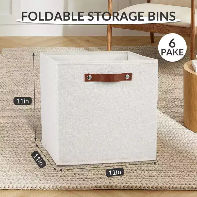 6 Pack Linen Storage Bins,11Foldable Cube Baskets with Leather Handles,Collapsible Fabric Shelf Organizer Boxes for Closet, Shelves