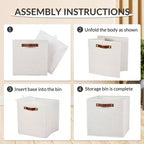 6 Pack Linen Storage Bins,11Foldable Cube Baskets with Leather Handles,Collapsible Fabric Shelf Organizer Boxes for Closet, Shelves