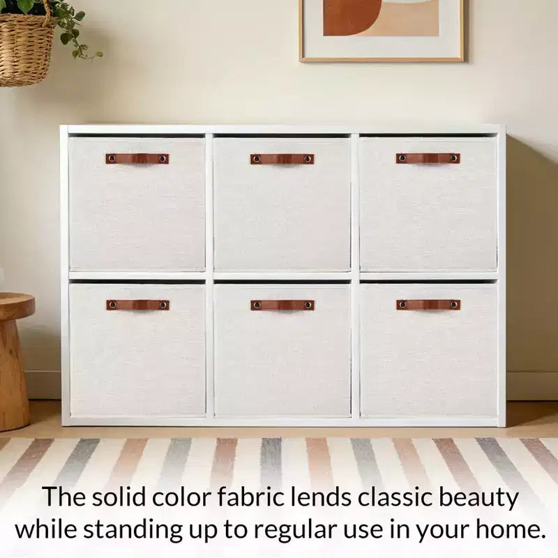 6 Pack Linen Storage Bins,11Foldable Cube Baskets with Leather Handles,Collapsible Fabric Shelf Organizer Boxes for Closet, Shelves