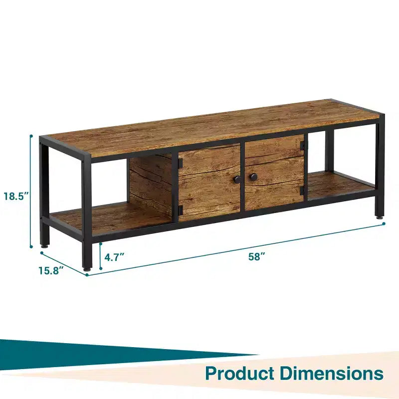 Mueble de TV Marrón Rústico para Sala de Estar, Centro de Entretenimiento de 65 Pulgadas con 2 Gabinetes, Estantes Abiertos, Patas de Metal, Compatible con Televisores de hasta 75 Pulgadas