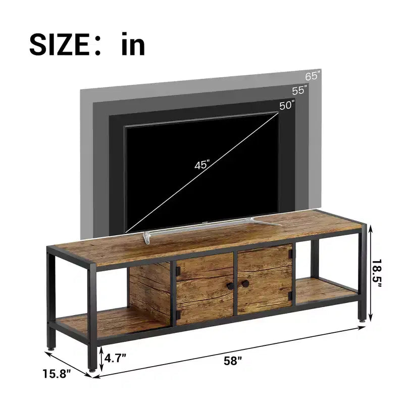 Mueble de TV Marrón Rústico para Sala de Estar, Centro de Entretenimiento de 65 Pulgadas con 2 Gabinetes, Estantes Abiertos, Patas de Metal, Compatible con Televisores de hasta 75 Pulgadas