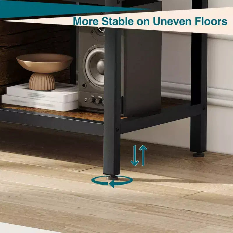 Mueble de TV Marrón Rústico para Sala de Estar, Centro de Entretenimiento de 65 Pulgadas con 2 Gabinetes, Estantes Abiertos, Patas de Metal, Compatible con Televisores de hasta 75 Pulgadas