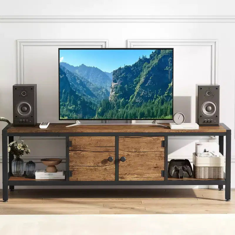 Mueble de TV Marrón Rústico para Sala de Estar, Centro de Entretenimiento de 65 Pulgadas con 2 Gabinetes, Estantes Abiertos, Patas de Metal, Compatible con Televisores de hasta 75 Pulgadas