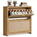 VASAGLE ELLAN Collection - Boho Shoe Storage Cabinet for Entryway Slim, Entry Shoe Cabinet with Rattan-Look Flip Drawers, Rounded Corners
