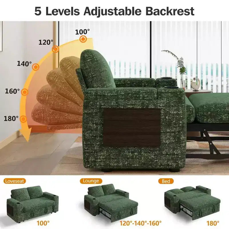 Dyonery Sofá Cama 4 en 1 de 65.5" con Respaldo Ajustable, Carga USB y Tipo C, Portavasos, Bolsillos Laterales, Montaje sin Herramientas, Verde
