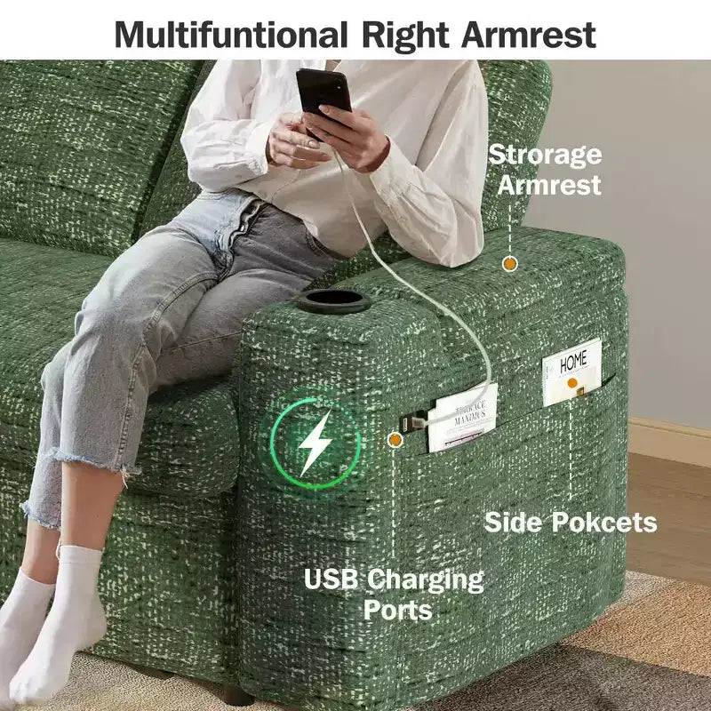 Dyonery Sofá Cama 4 en 1 de 65.5" con Respaldo Ajustable, Carga USB y Tipo C, Portavasos, Bolsillos Laterales, Montaje sin Herramientas, Verde