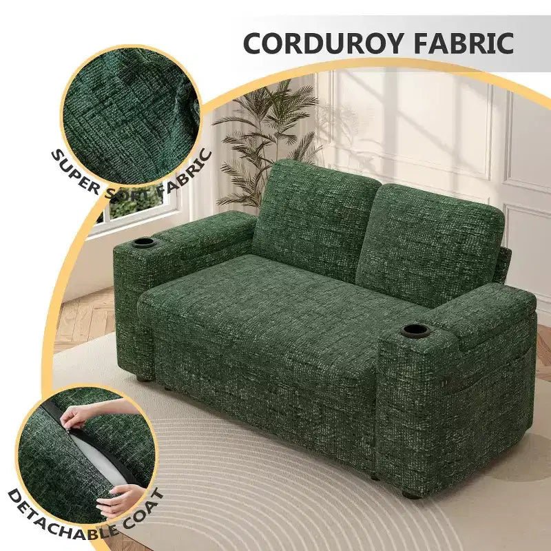 Dyonery Sofá Cama 4 en 1 de 65.5" con Respaldo Ajustable, Carga USB y Tipo C, Portavasos, Bolsillos Laterales, Montaje sin Herramientas, Verde