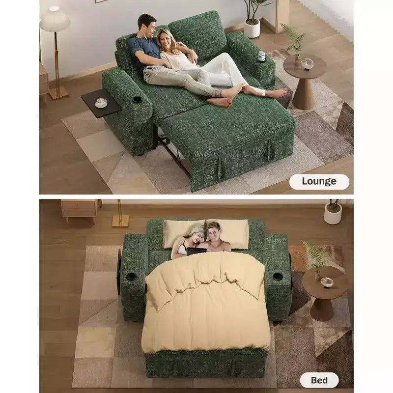 Dyonery Sofá Cama 4 en 1 de 65.5" con Respaldo Ajustable, Carga USB y Tipo C, Portavasos, Bolsillos Laterales, Montaje sin Herramientas, Verde