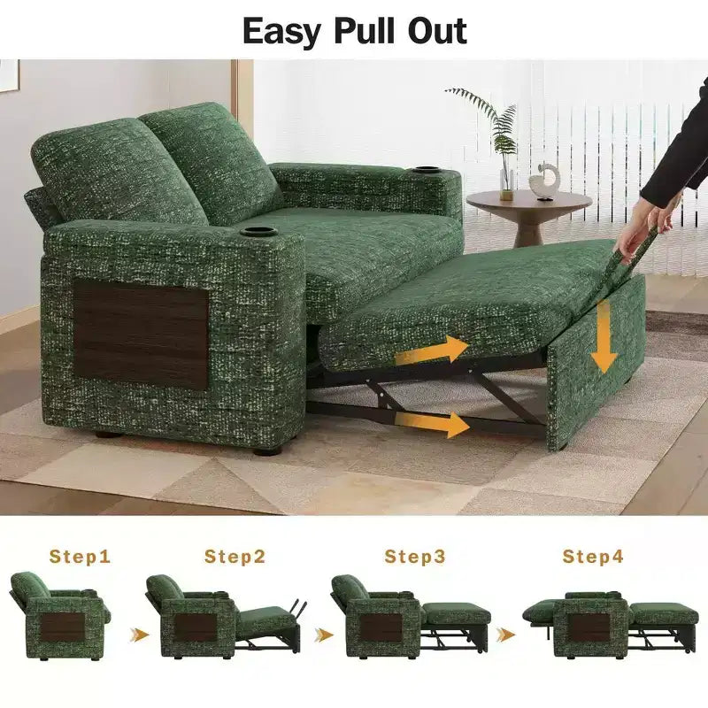 Dyonery Sofá Cama 4 en 1 de 65.5" con Respaldo Ajustable, Carga USB y Tipo C, Portavasos, Bolsillos Laterales, Montaje sin Herramientas, Verde
