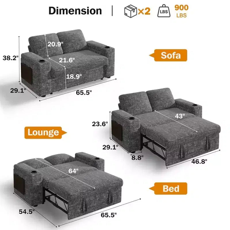 Dyonery Sofá Cama 4 en 1 de 65.5" con Respaldo Ajustable, Carga USB y Tipo C, Portavasos, Bolsillos Laterales, Montaje sin Herramientas, Verde
