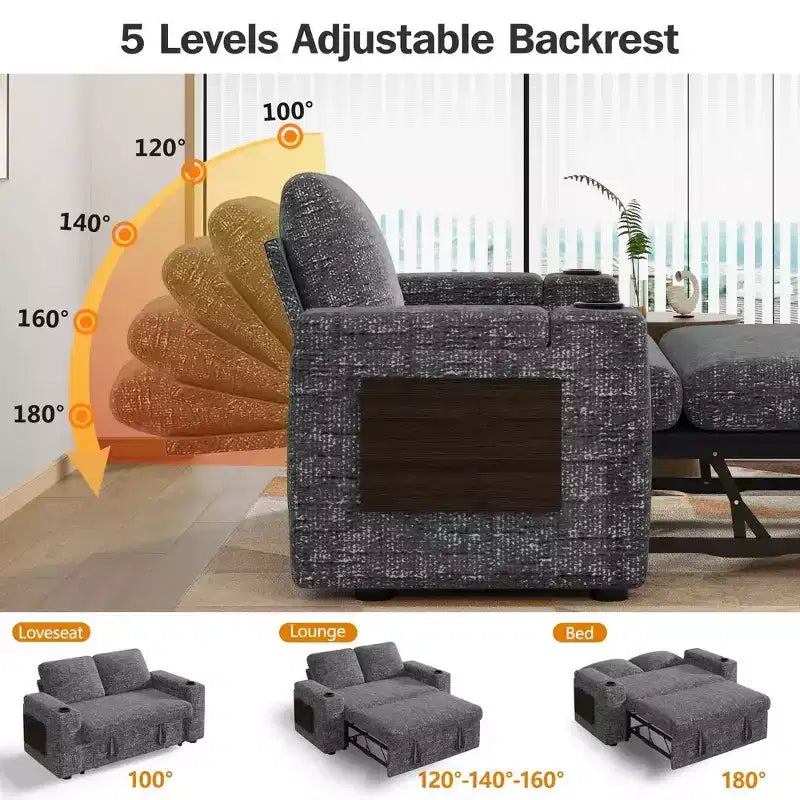 Dyonery Sofá Cama 4 en 1 de 65.5" con Respaldo Ajustable, Carga USB y Tipo C, Portavasos, Bolsillos Laterales, Montaje sin Herramientas, Verde