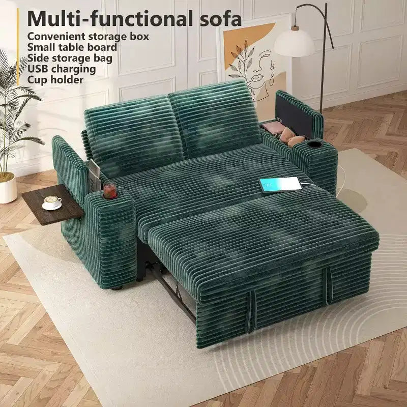 Dyonery Sofá Cama 4 en 1 de 65.5" con Respaldo Ajustable, Carga USB y Tipo C, Portavasos, Bolsillos Laterales, Montaje sin Herramientas, Verde