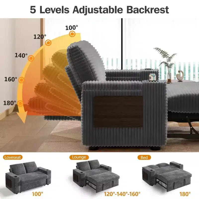 Dyonery Sofá Cama 4 en 1 de 65.5" con Respaldo Ajustable, Carga USB y Tipo C, Portavasos, Bolsillos Laterales, Montaje sin Herramientas, Verde