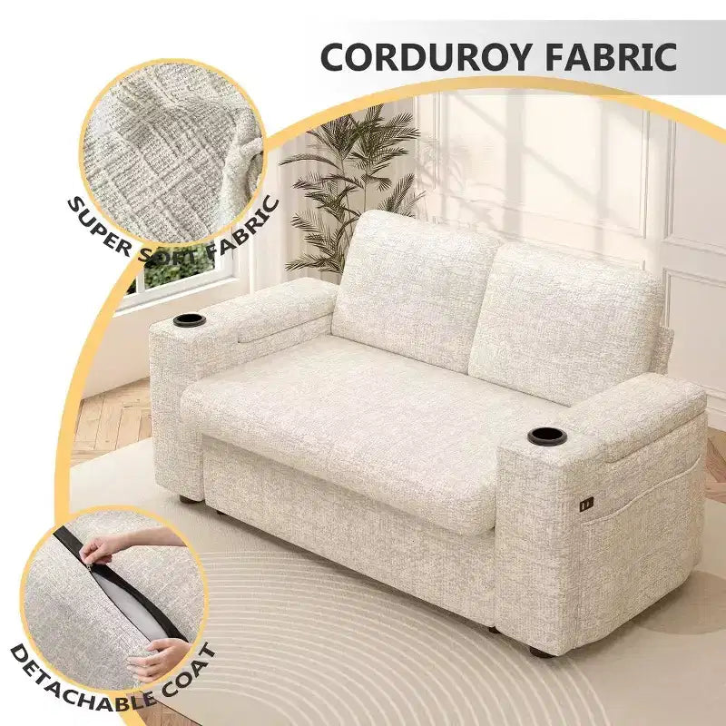 Dyonery Sofá Cama 4 en 1 de 65.5" con Respaldo Ajustable, Carga USB y Tipo C, Portavasos, Bolsillos Laterales, Montaje sin Herramientas, Verde