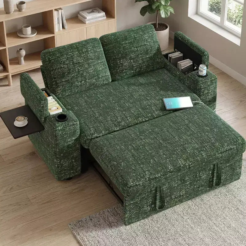 Dyonery Sofá Cama 4 en 1 de 65.5" con Respaldo Ajustable, Carga USB y Tipo C, Portavasos, Bolsillos Laterales, Montaje sin Herramientas, Verde