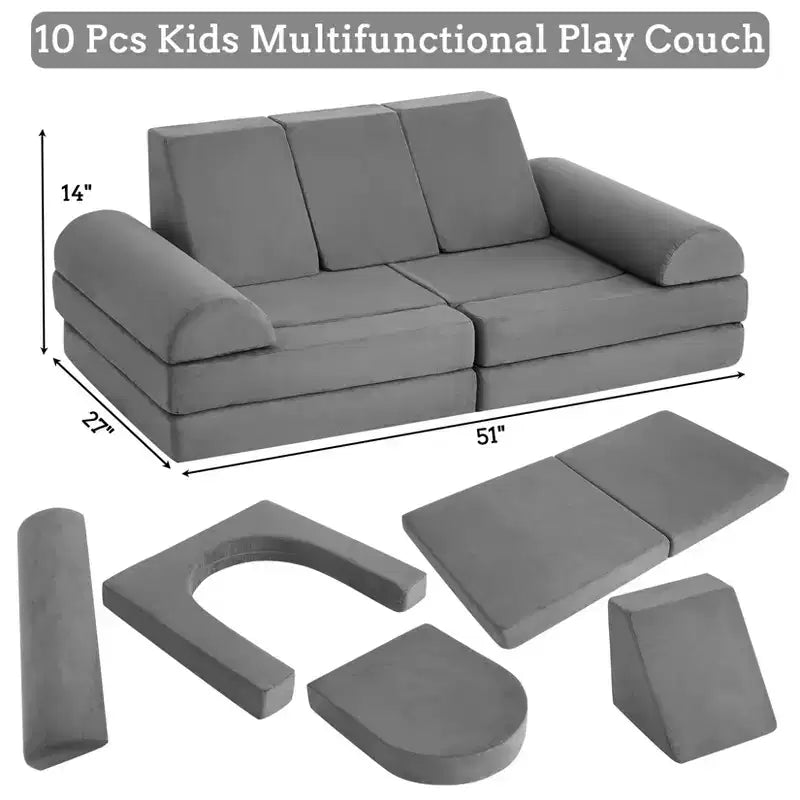 Sofá de juegos, sofá modular de 10 piezas, sofá de espuma para niños pequeños con esponja de alta densidad para jugar, crear, dormir, muebles imaginativos para niños