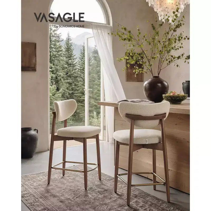 VASAGLE Juego de 2 taburetes de bar de madera, taburetes de bar tapizados a la altura de la encimera con patas de madera maciza, respaldo ergonómico, tela con aspecto de lino, capuchino